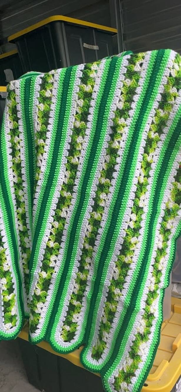 Green and White Crocheted Blanket